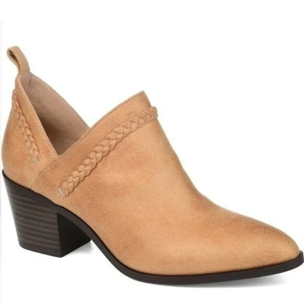 JOURNEE COLLECTION Sophie Braided Strap Bootie, Block Heel, Tan, Size‎ 7, NWT